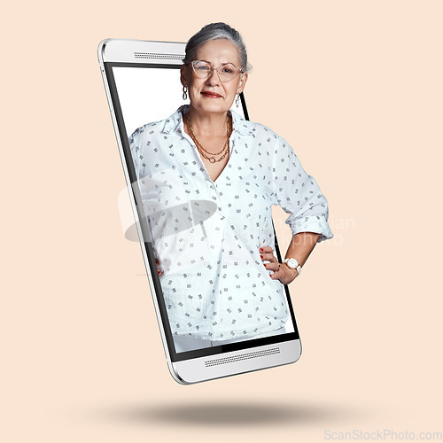 Image of Happy, portrait and phone with a senior woman isolated on a studio background. Smile, confident and an elderly lady standing on the screen of a mobile for an online app, internet search or display