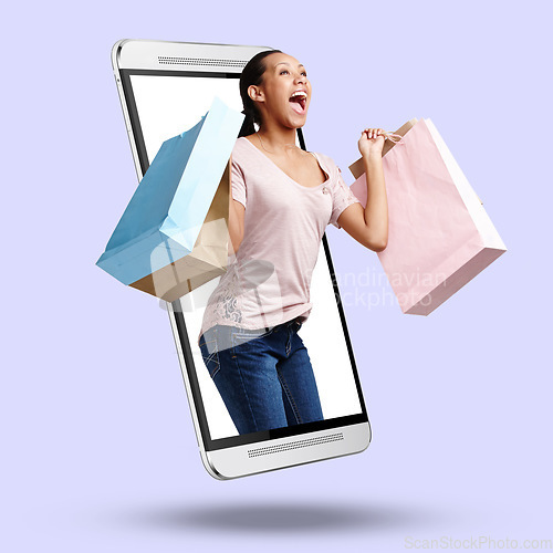 Image of Woman, phone and screen on mockup for online shopping, ecommerce or celebration for sale against a studio background. Happy female shopper with bags on mobile smartphone display for online purchase