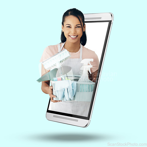 Image of Woman, phone and screen on mockup for housekeeping, advertising or marketing against studio background. Portrait of female cleaner smile with basket of cleaning equipment on mobile smartphone display