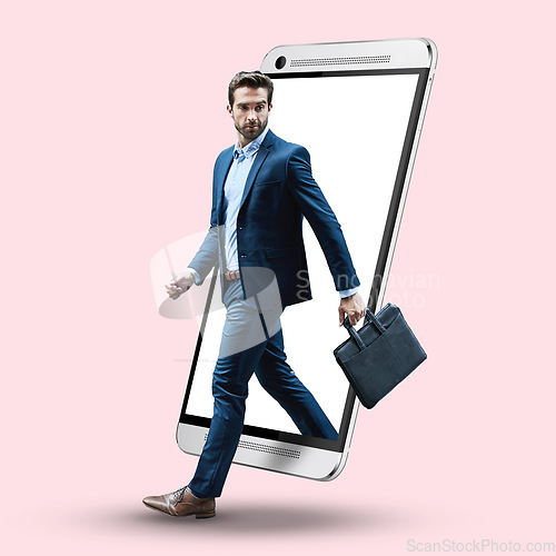 Image of Double exposure, walking and a businessman with a phone isolated on a studio background. Looking, serious and a corporate executive employee with a briefcase stepping out of a cellphone on a backdrop