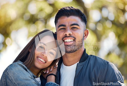 Image of Couple, portrait and outdoor with a smile for love, care and happiness together in summer. Young man and woman at nature park leaning on shoulder on a happy and romantic date or vacation to relax