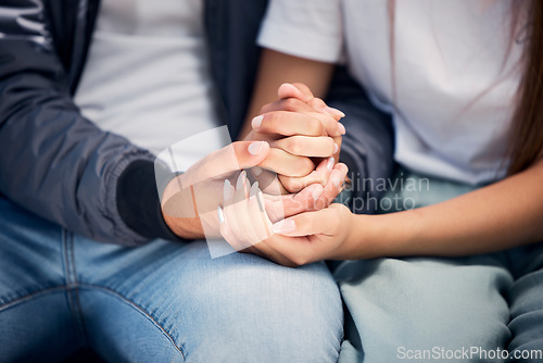 Image of Closeup couple, man and woman holding hands for love, care and trust of partner, quality time and romance. People, helping hand and support for gratitude, kindness and hope of relationship commitment