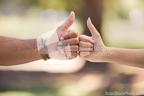 Image of Thumbs up, fist bump and people with outdoor teamwork, support and collaboration mission or agreement. Man, woman partner or couple of friends with like, deal and success hands sign, power and park