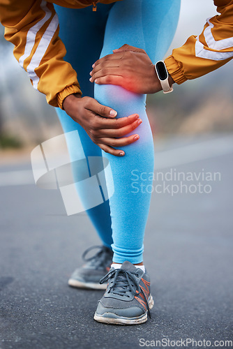 Image of Fitness, legs and woman with knee pain injury from workout challenge, sports performance or outdoor exercise. Running problem, athlete training accident or hurt person with muscle strain emergency