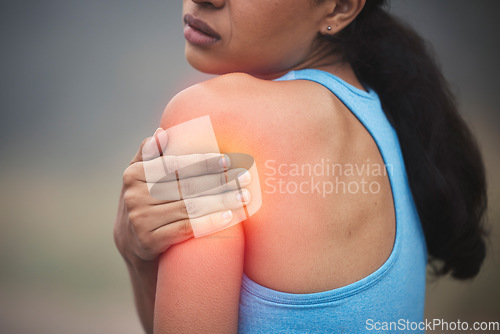 Image of Fitness, arm and woman with shoulder pain injury from workout challenge, sports performance or outdoor exercise. Medical problem, athlete training accident or hurt person with muscle strain emergency