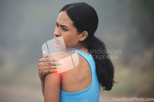 Image of Workout, arm and woman with shoulder pain injury from fitness challenge, sports performance or winter exercise. Medical problem, runner training accident or hurt person with muscle strain emergency