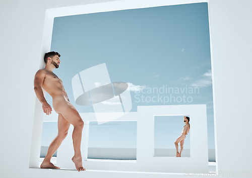 Image of Naked statue, art deco and men against wall in open space architecture in the nude. Outdoor, live greek statues and model show homosexual, freedom and fitness muscle display of creativity as artwork