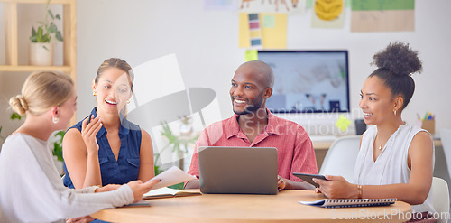 Image of Business people, startup meeting and discussion with laptop in office for planning, goal or teamwork. Group, diversity and support for black man, women or documents for proposal, solution or strategy