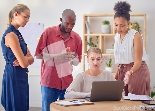 Image of Office diversity, laptop and business people collaboration, teamwork and cooperation on brand design, research or planning. Strategy, analysis and startup social media company working on development