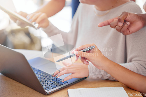 Image of Office hands, laptop and business people teamwork, collaboration or cooperation on brand design, research or planning. Strategy, analysis and busy startup social media manager working on development