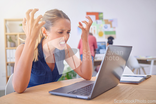 Image of Laptop stress, frustrated and business woman, fashion designer or stylist with design, illustration or digital sketch problem. Mental health, 404 glitch or office person with rendering software error