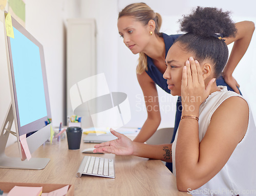 Image of Computer, mentor stress and business women, web designer or new employee overwhelmed with workload. Mental health problem, 404 glitch or person with training manager, coach and software system error