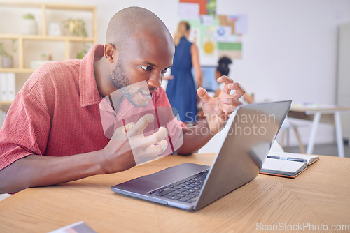 Image of Office laptop, stress and frustrated black man, web designer or person with design, illustration or digital software problem. Mental health, 404 glitch and male angry over wireframe software error