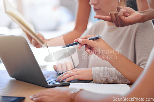 Image of Office hands, laptop and business people collaboration, teamwork or cooperation on brand design, research or planning. Strategy, analysis and busy startup social media manager working on development