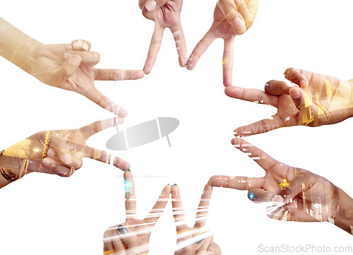 Image of Hands peace sign, star overlay and business people together in solidarity, community support or studio team building. Collaboration, teamwork cooperation gesture or group isolated on white background