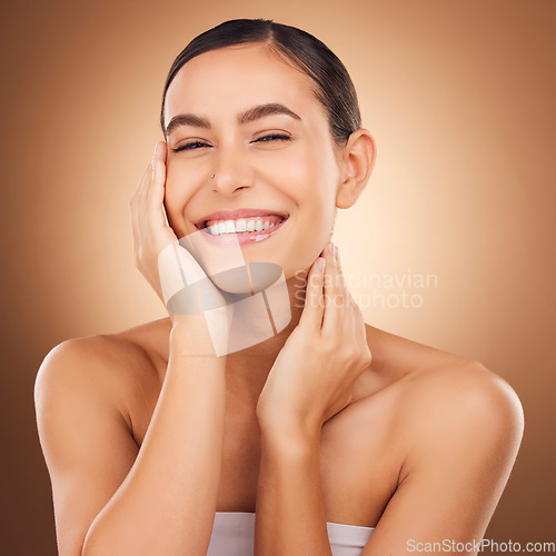 Image of Beauty satisfaction, face portrait and happy woman with luxury facial cosmetics, natural makeup and studio skincare glow. Dermatology, spa salon person and aesthetic female model on brown background