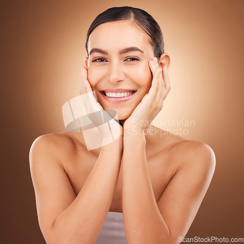 Image of Makeup satisfaction, face portrait and happy woman with luxury facial cosmetics, natural skincare glow and studio beauty. Dermatology, spa salon person and aesthetic female model on brown background