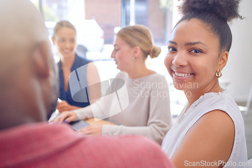 Image of Office, meeting portrait and happy woman in business collaboration, teamwork or cooperation on strategy, research or planning. Smile, group and startup social media company working on development