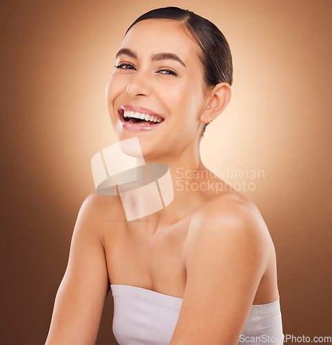 Image of Studio beauty, face portrait and happy woman with luxury facial cosmetics, natural makeup and skincare glow. Dermatology healthcare, spa salon person and aesthetic female model on brown background