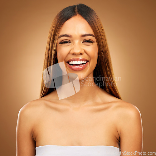 Image of Smile, hair care and portrait of woman in studio for growth and color shine or healthy texture. Aesthetic female happy for haircare, natural beauty and hairdresser or salon gradient brown background