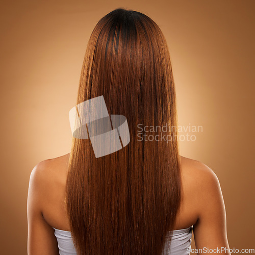 Image of Back of hair, beauty and woman in studio for shampoo, wellness and keratin treatment on brown background. Hairdresser mockup, salon and girl with hairstyle for growth, haircare texture and cosmetics