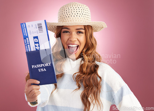 Image of Woman, passport and excited in studio portrait with happiness, identity and plane ticket by gradient background. Happy student girl, USA travel documents and smile for freedom, vacation or holiday