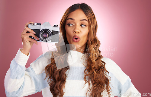 Image of Photography, excited woman with camera on studio background and creative travel or fashion shoot. Art, professional lifestyle and hispanic photographer with hobby or career in photos or pictures.