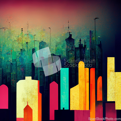 Image of Abstract buildings in city on watercolor painting. City on digit