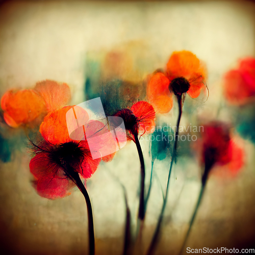 Image of Beautiful poppy field in bright sunlight. Spring flower backgrou