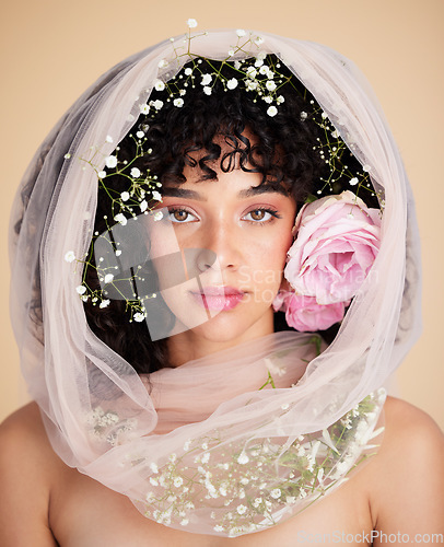 Image of Veil, flowers and portrait of woman for beauty, cosmetics and makeup for wellness, glamour and glow in studio. Spring aesthetic, style and serious face of girl for fashion, skincare and facial care