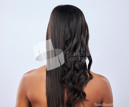 Image of Back view, woman or hair care in studio for beauty self care or style treatment isolated on white background. Curly style, relaxing or girl model in salon spa in grooming routine on mockup space