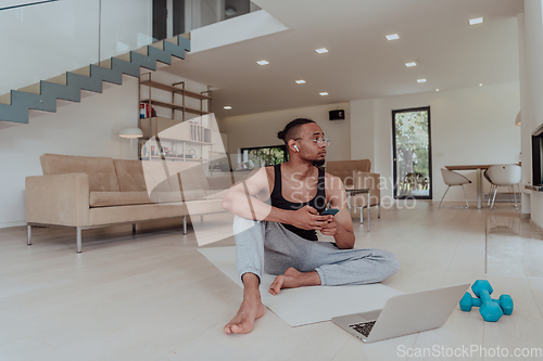 Image of Training At Home. Sporty man doing training while watching online tutorial on laptop, exercising in living room, free space.