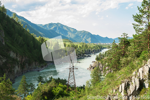 Image of Power lines in the beautiful mountain landscape