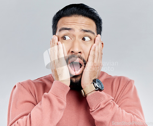 Image of Wow, surprise and Indian man with hands on face in shock, omg and deal announcement in studio. Emoji, meme and excited person with info for shocking gossip, news or information on white background.