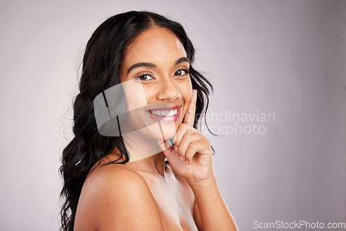 Image of Hair, happy woman and beauty with portrait, cosmetics and hairstyle on studio background. Wellness, shine and female smile, face and cosmetic care, keratin treatment and texture, volume and mockup