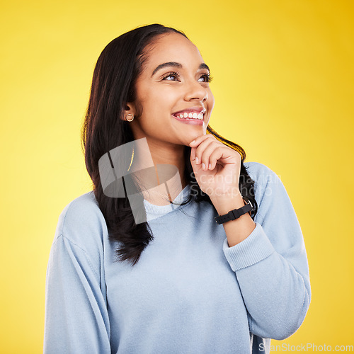 Image of Yellow background, thinking and face of woman with smile for advertising, promotion and mockup space. Ideas, thoughtful and isolated girl in studio with happy mindset, positive attitude and confident