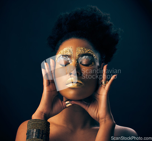 Image of Beauty, gold and metallic with black woman and makeup in studio for luxury, cosmetics and African pride. Natural, creative and goddess with female model on background for queen, bronze or glamour art