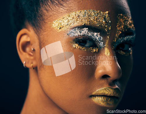 Image of Beauty, gold and elegant with black woman and makeup in studio for luxury, cosmetics and African pride. Natural, creative art and goddess with female model on background for queen, bronze and glamour