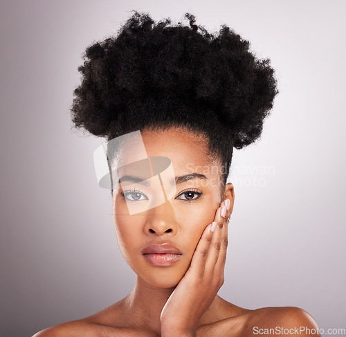 Image of Skincare, cosmetics and portrait black woman with confidence, white background and beauty product. Health, dermatology and natural makeup, African model in studio for healthy skin care and wellness.