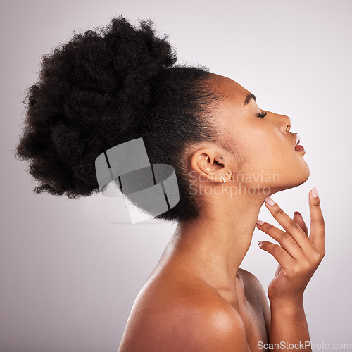 Image of Skincare, profile of black woman with hand on neck and beauty cosmetics isolated on white background. Health, dermatology and natural salon makeup, African model in studio with healthy spa skin care.