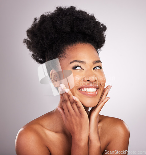 Image of Skincare, beauty and happy black woman with confidence, white background and cosmetics product. Health, dermatology and natural makeup, smiling African model in studio for healthy skin and wellness.