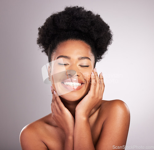 Image of Skincare, beauty and happy black woman with smile, confidence on white background and cosmetics product. Health, dermatology and natural makeup, African model in studio for healthy skin and care.