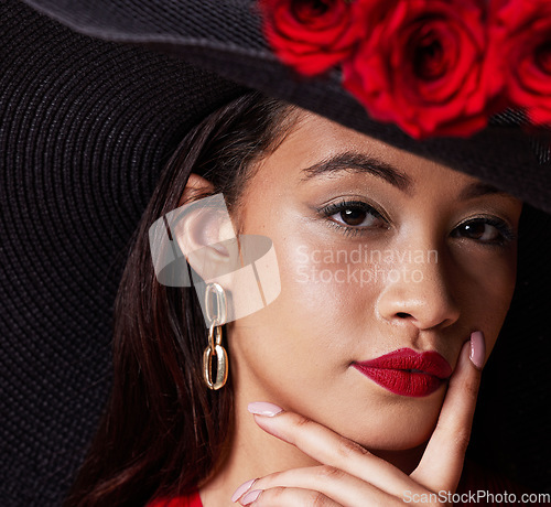 Image of Beauty, rich Asian woman and face with makeup, red lipstick and roses, fashion in portrait with closeup. Skin, glow and cosmetic care with elegant manicure and nail polish with stylish female