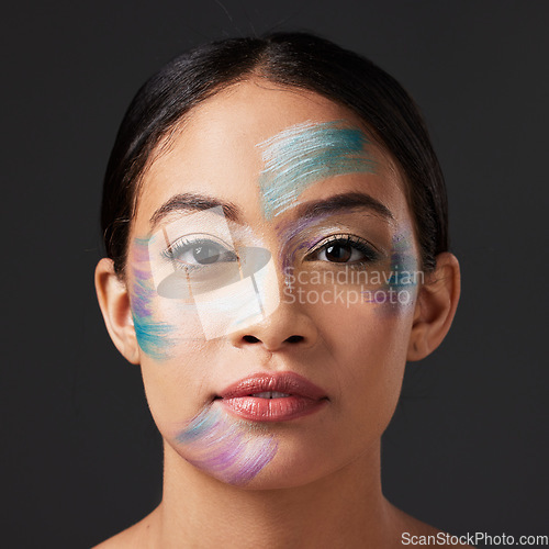 Image of Art, aesthetic and portrait of woman with face paint, creative makeup and self expression. Beauty, creativity and color in artistic cosmetics, skincare and freedom to express for young beautiful girl