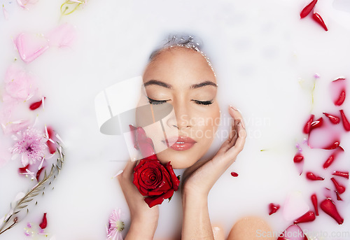 Image of Relax, roses and above of a woman in a bubble bath for luxury, wellness and peace. Content, clean and the face of a beautiful sleeping girl in floral water for relaxing, grooming and stress relief