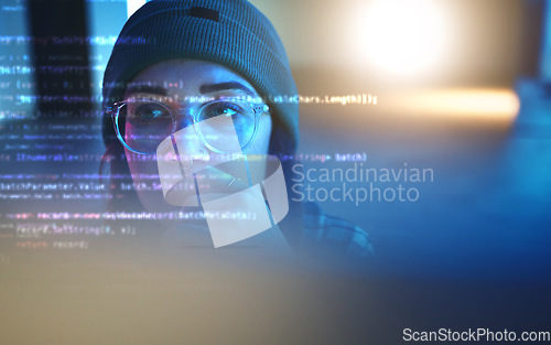 Image of Programmer, code or woman hacker in dark room at night for coding, phishing or cloud computing. Database, malware research or girl hacking online in digital transformation on ai cybersecurity website