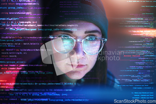 Image of Double exposure, code or woman hacker in dark room at night for coding, phishing or cybersecurity. Database, programmer or girl hacking online in digital transformation on ai cloud computing website