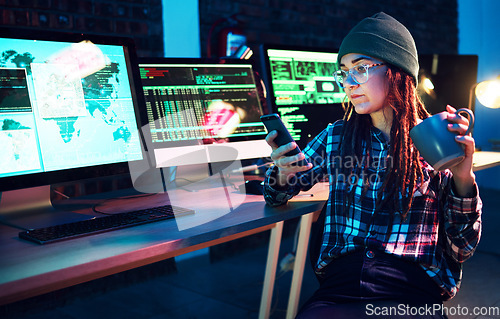 Image of Phone, cyber security or woman by computer screen in dark room at night for coding, phishing or blockchain. Coffee, programmer ux or girl hacking online in digital transformation on global website