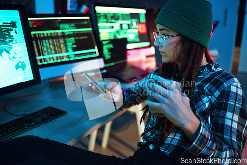 Image of Mobile, cyber security or girl by computer screen in dark room at night for coding, research or blockchain. Coffee, phone hacker or woman hacking online in digital transformation on global website