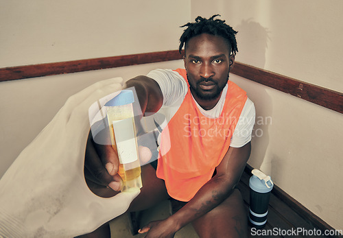 Image of Sports, doctor and a portrait of a black man with a pee test to check for cheating or drug use. Analysis, giving and an African sport player with a urine sample for testing during fitness practice